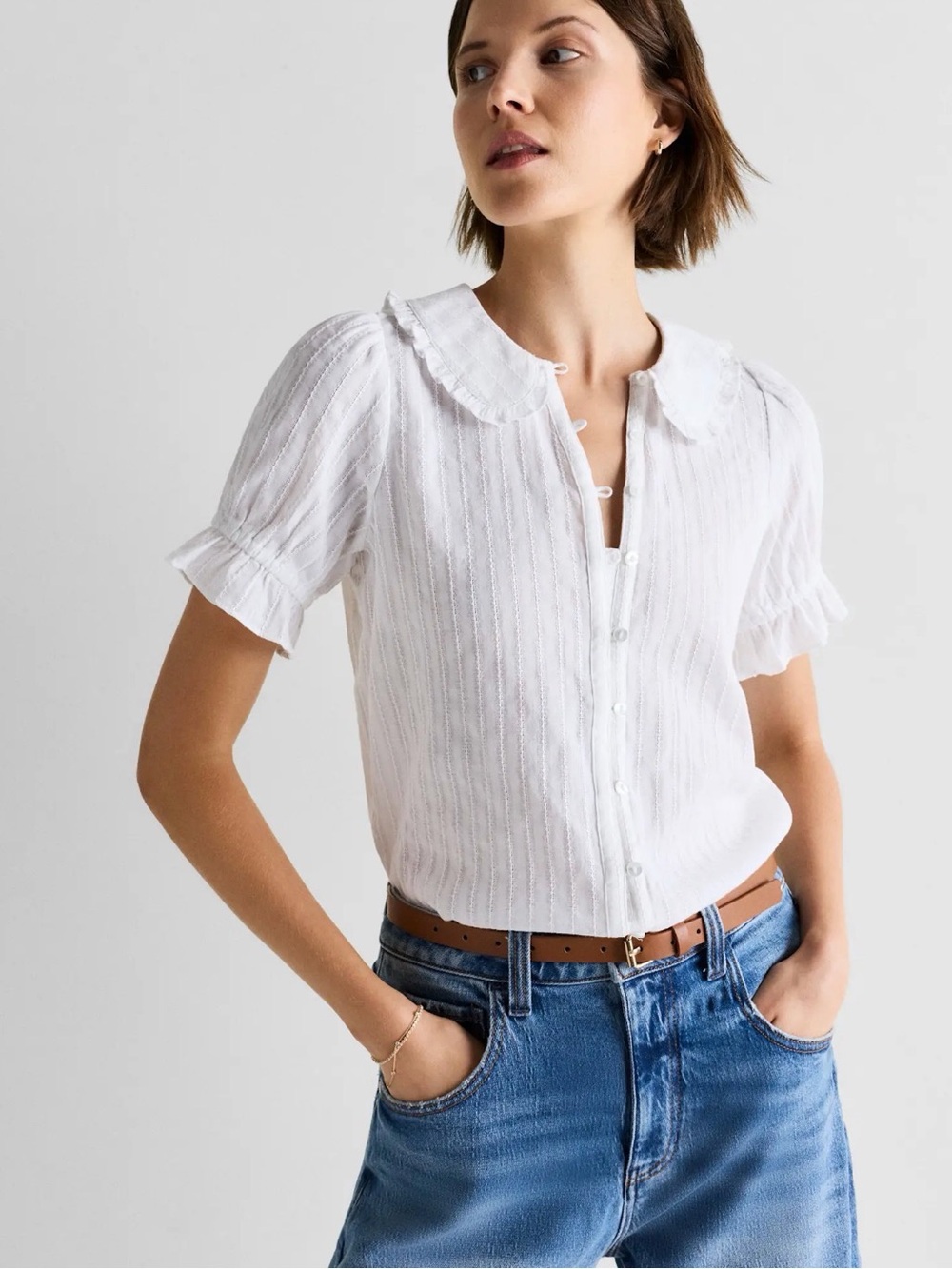 Quince White Eyelet Button-Down Blouse with Peter Pan Collar 100% cotton